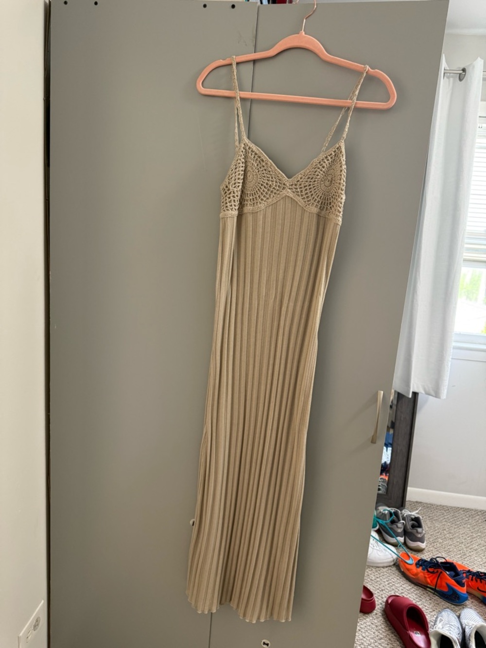Beige Crochet Bodice Maxi Dress with Spaghetti Straps
